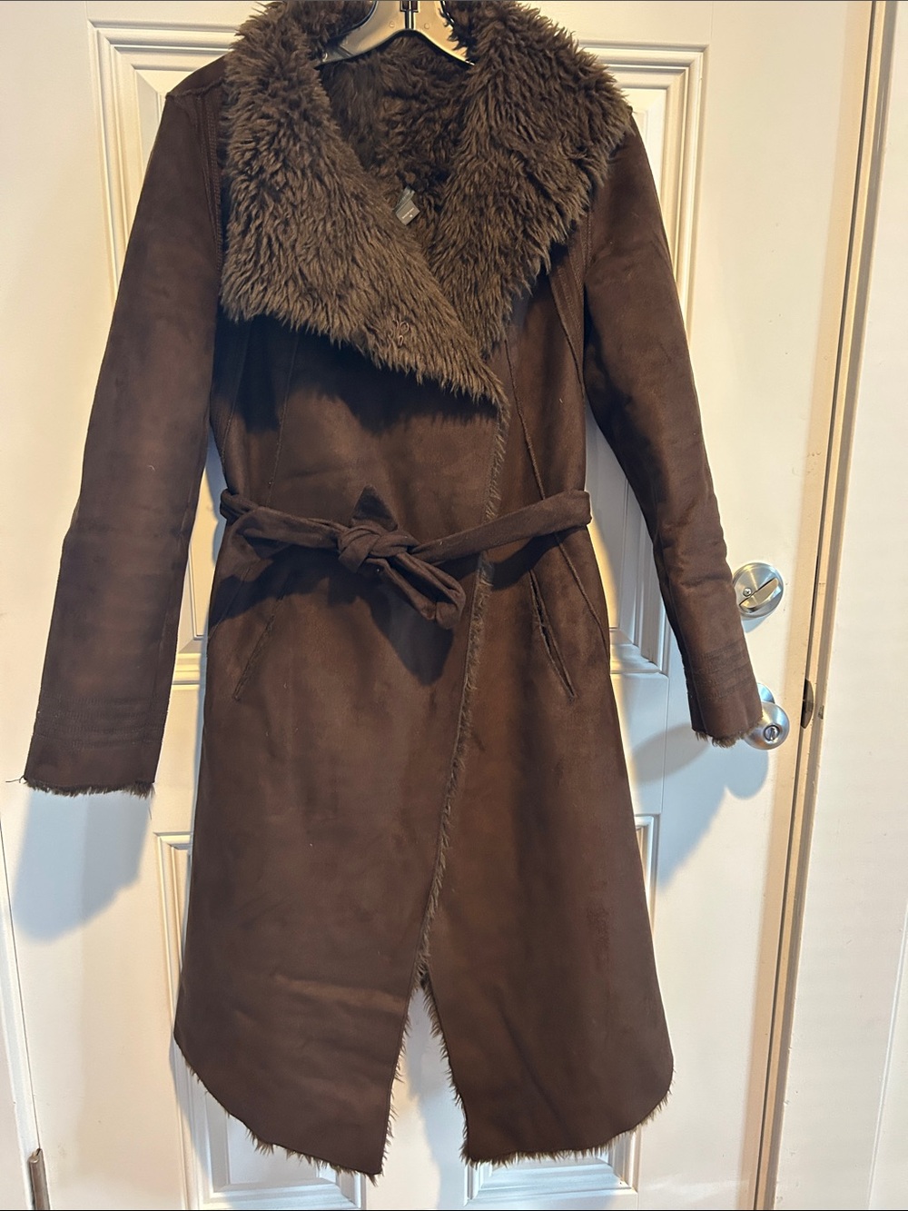 Armani Exchange Brown Faux-Shearling Belted Trench Coat